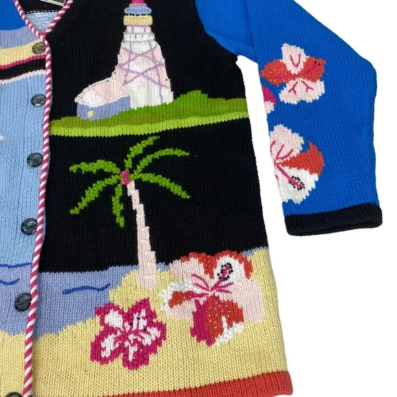 Storybook Knits Sweater Cardigan Womens Size L Lighthouse Floral Nautical Boat