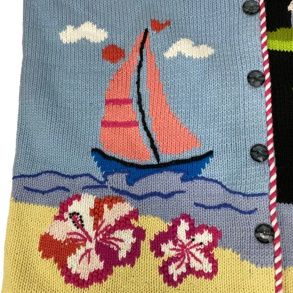 Storybook Knits Sweater Cardigan Womens Size L Lighthouse Floral Nautical Boat