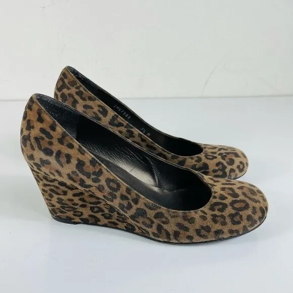 Stuart Weitzman Animal Leopard Cheetah Print Suede Leather Wedge Round Toe Shoes