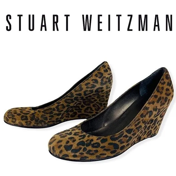 Stuart Weitzman Animal Leopard Cheetah Print Suede Leather Wedge Round Toe Shoes