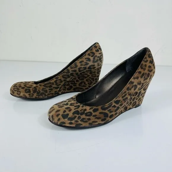 Stuart Weitzman Animal Leopard Cheetah Print Suede Leather Wedge Round Toe Shoes