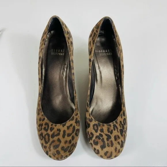 Stuart Weitzman Animal Leopard Cheetah Print Suede Leather Wedge Round Toe Shoes