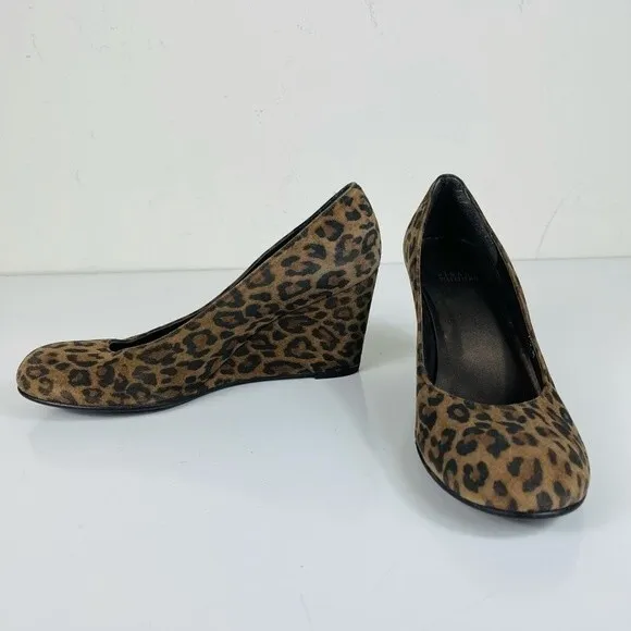 Stuart Weitzman Animal Leopard Cheetah Print Suede Leather Wedge Round Toe Shoes