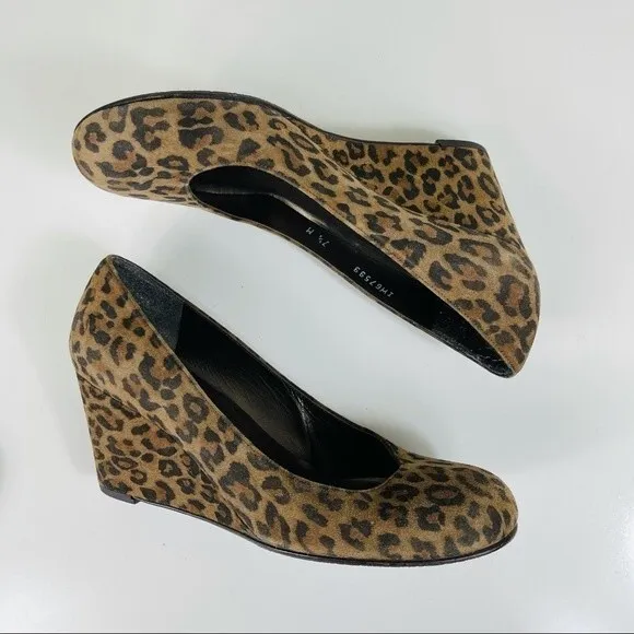 Stuart Weitzman Animal Leopard Cheetah Print Suede Leather Wedge Round Toe Shoes