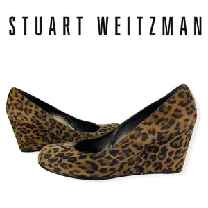 Stuart Weitzman Animal Leopard Cheetah Print Suede Leather Wedge Round Toe Shoes