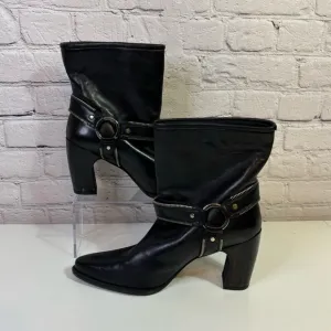 Stuart Weitzman Black Leather Heeled Ankle Boots with Moto Harness