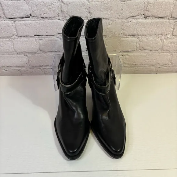 Stuart Weitzman Black Leather Heeled Ankle Boots with Moto Harness