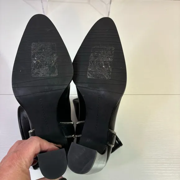 Stuart Weitzman Black Leather Heeled Ankle Boots with Moto Harness