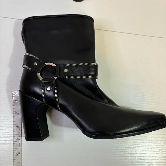 Stuart Weitzman Black Leather Heeled Ankle Boots with Moto Harness