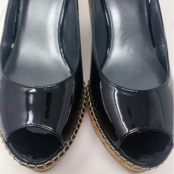Stuart Weitzman Black Patent Leather Slingback Wedges 7.5