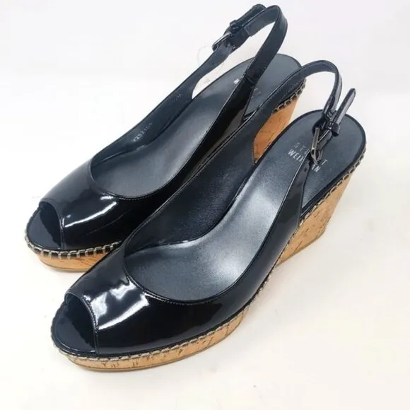 Stuart Weitzman Black Patent Leather Slingback Wedges 7.5