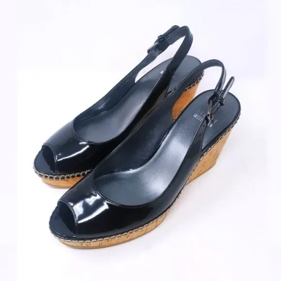 Stuart Weitzman Black Patent Leather Slingback Wedges 7.5