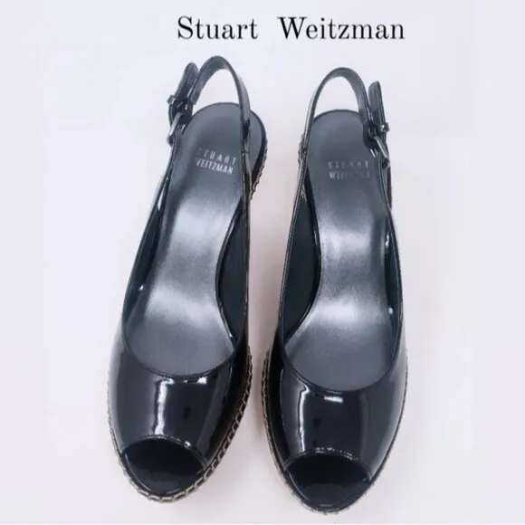 Stuart Weitzman Black Patent Leather Slingback Wedges 7.5