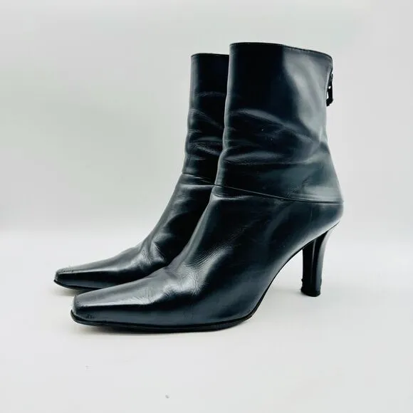 Stuart Weitzman Boots Womens 8.5 Black Leather Ankle Bootie Heeled Side Zip