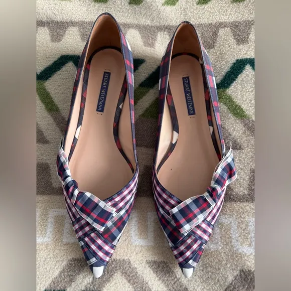 Stuart Weitzman Bow Detail Pointed Toe Plaid Flats in Navy Red White Size 9.5M