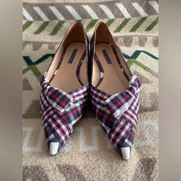 Stuart Weitzman Bow Detail Pointed Toe Plaid Flats in Navy Red White Size 9.5M