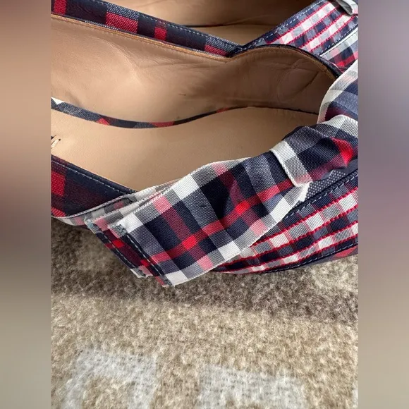 Stuart Weitzman Bow Detail Pointed Toe Plaid Flats in Navy Red White Size 9.5M