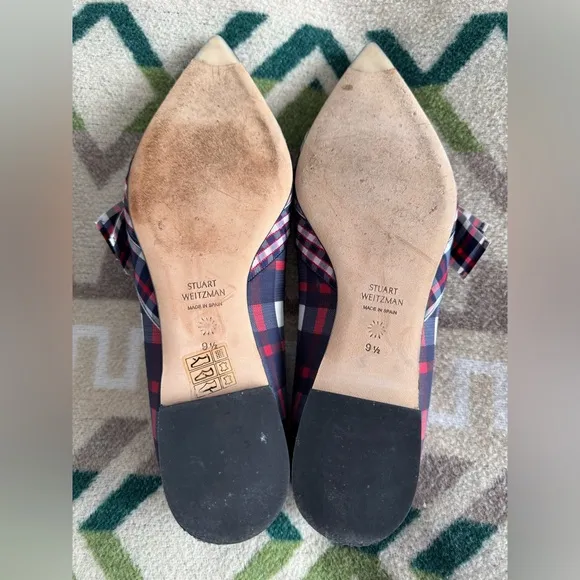 Stuart Weitzman Bow Detail Pointed Toe Plaid Flats in Navy Red White Size 9.5M