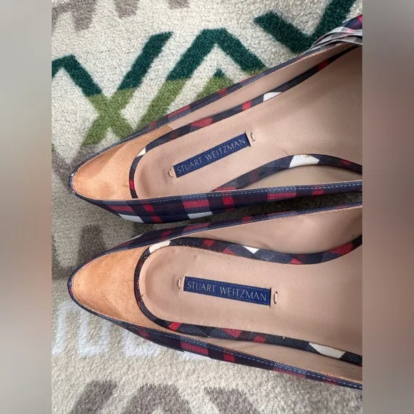 Stuart Weitzman Bow Detail Pointed Toe Plaid Flats in Navy Red White Size 9.5M