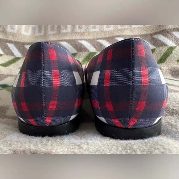 Stuart Weitzman Bow Detail Pointed Toe Plaid Flats in Navy Red White Size 9.5M