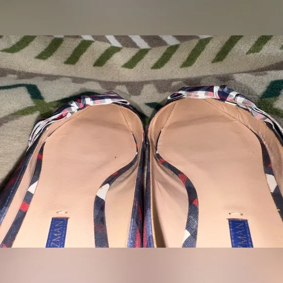 Stuart Weitzman Bow Detail Pointed Toe Plaid Flats in Navy Red White Size 9.5M
