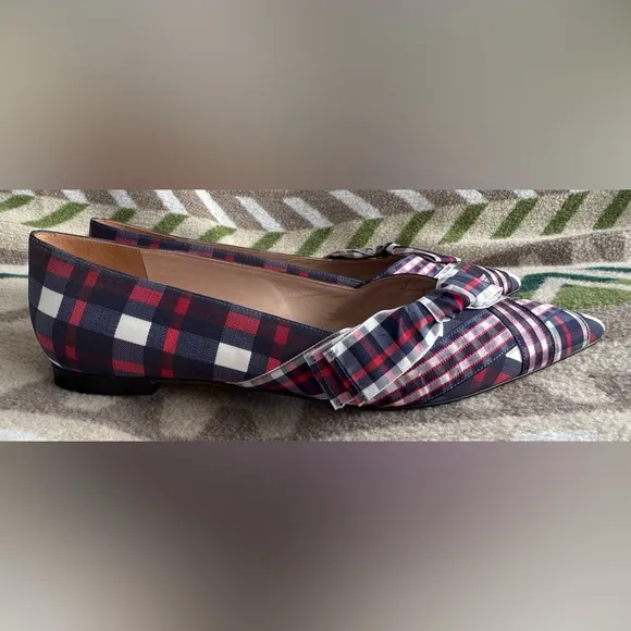 Stuart Weitzman Bow Detail Pointed Toe Plaid Flats in Navy Red White Size 9.5M