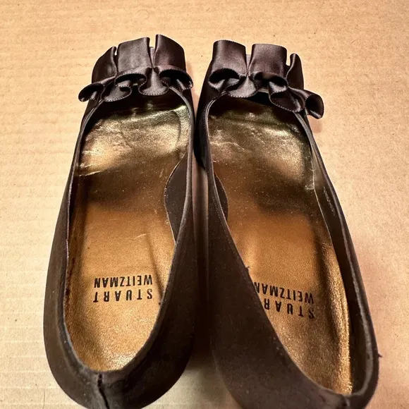 Stuart Weitzman GigiRitz satin open toe bow pump, brown, 6.5