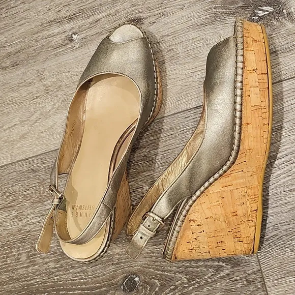 STUART WEITZMAN gold leather cork wedges peep toes