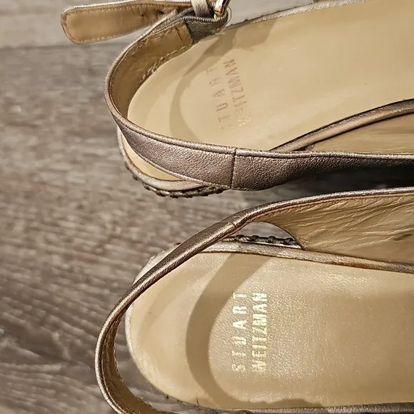 STUART WEITZMAN gold leather cork wedges peep toes