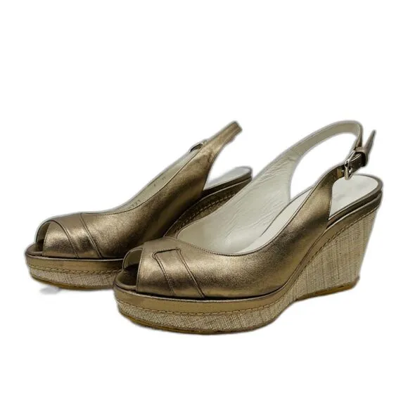 Stuart Weitzman Gold Peep Toe Slingback Wedges, Size 7, Luxury Coastal Grandma