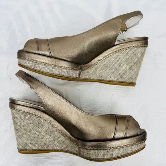 Stuart Weitzman Gold Peep Toe Slingback Wedges, Size 7, Luxury Coastal Grandma
