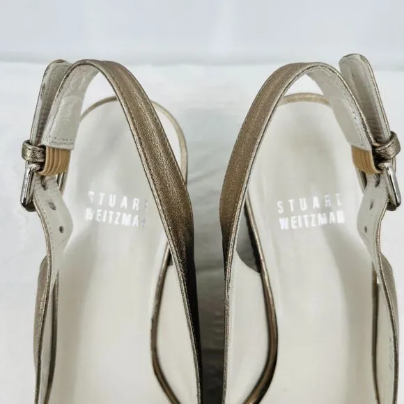 Stuart Weitzman Gold Peep Toe Slingback Wedges, Size 7, Luxury Coastal Grandma