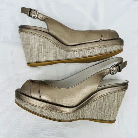Stuart Weitzman Gold Peep Toe Slingback Wedges, Size 7, Luxury Coastal Grandma