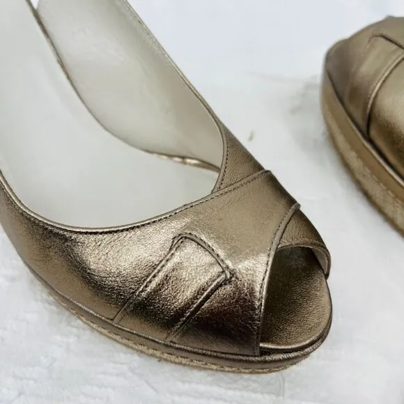 Stuart Weitzman Gold Peep Toe Slingback Wedges, Size 7, Luxury Coastal Grandma