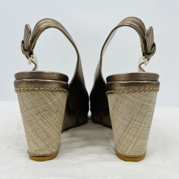 Stuart Weitzman Gold Peep Toe Slingback Wedges, Size 7, Luxury Coastal Grandma
