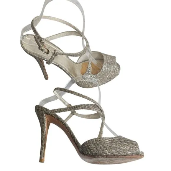 Stuart Weitzman Inviting sparkling strappy heels in Platinum Noir size 10