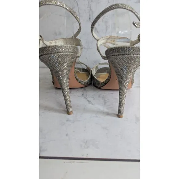 Stuart Weitzman Inviting sparkling strappy heels in Platinum Noir size 10