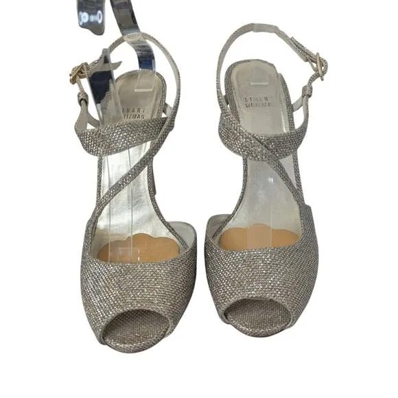 Stuart Weitzman Inviting sparkling strappy heels in Platinum Noir size 10