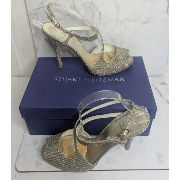 Stuart Weitzman Inviting sparkling strappy heels in Platinum Noir size 10