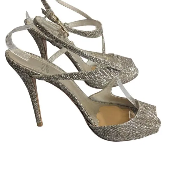 Stuart Weitzman Inviting sparkling strappy heels in Platinum Noir size 10