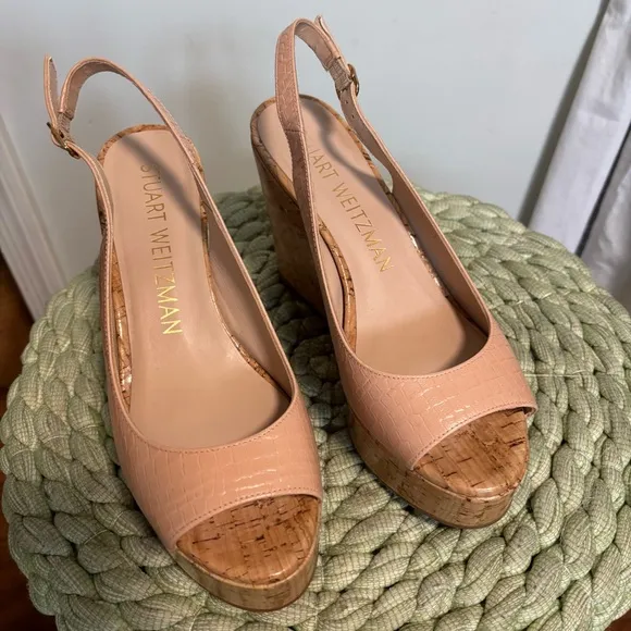 Stuart Weitzman Jean Peep Beige Croc Embossed Cork Wedge Slingback Sandals