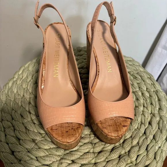 Stuart Weitzman Jean Peep Beige Croc Embossed Cork Wedge Slingback Sandals