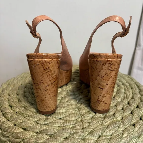 Stuart Weitzman Jean Peep Beige Croc Embossed Cork Wedge Slingback Sandals