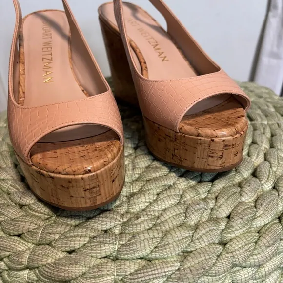Stuart Weitzman Jean Peep Beige Croc Embossed Cork Wedge Slingback Sandals