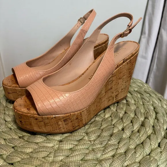 Stuart Weitzman Jean Peep Beige Croc Embossed Cork Wedge Slingback Sandals