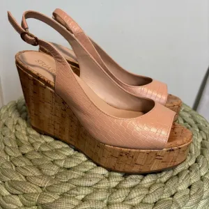 Stuart Weitzman Jean Peep Beige Croc Embossed Cork Wedge Slingback Sandals