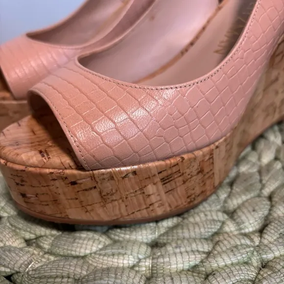 Stuart Weitzman Jean Peep Beige Croc Embossed Cork Wedge Slingback Sandals