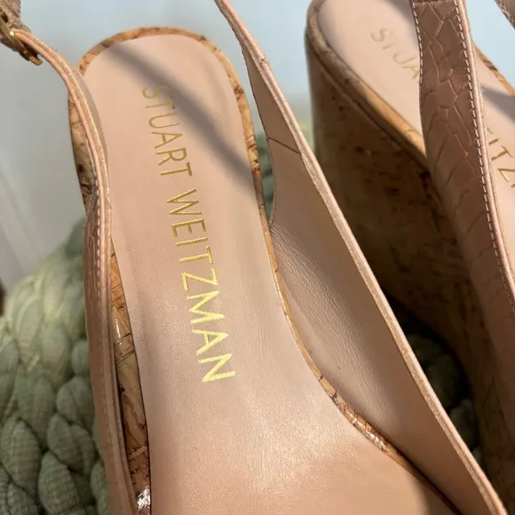 Stuart Weitzman Jean Peep Beige Croc Embossed Cork Wedge Slingback Sandals