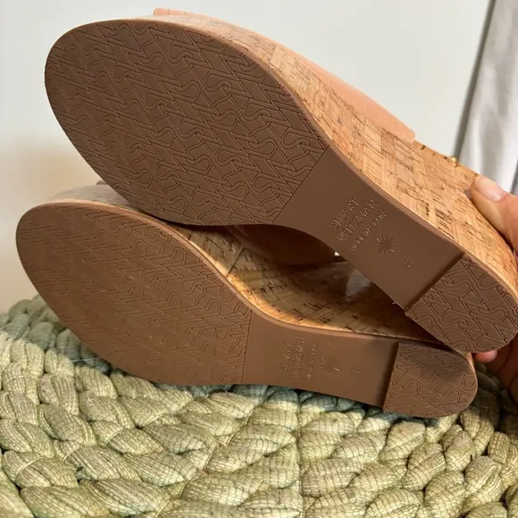 Stuart Weitzman Jean Peep Beige Croc Embossed Cork Wedge Slingback Sandals