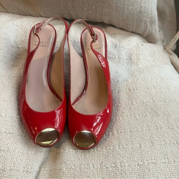 Stuart Weitzman Lipgloss Red Peeptoe Slingback Wedges